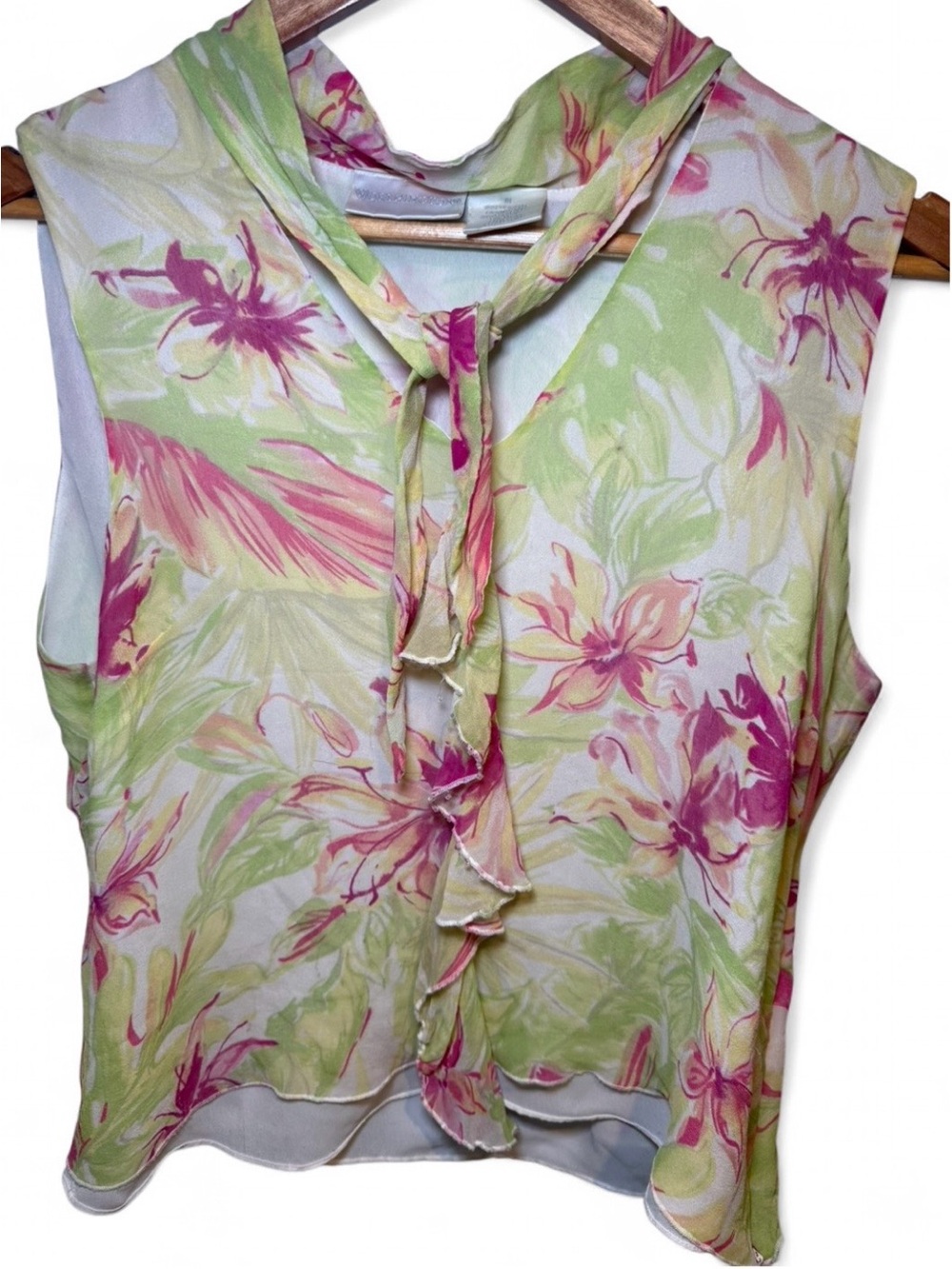 100% Silk Green Pink Pastel Floral Sleeveless Neck Tie Blouse Spring Summer - 10